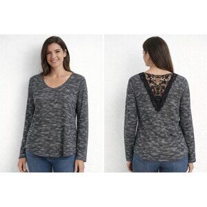 Black & Grey Knit Long Sleeve Top w/ Deep Lace Back Detail
